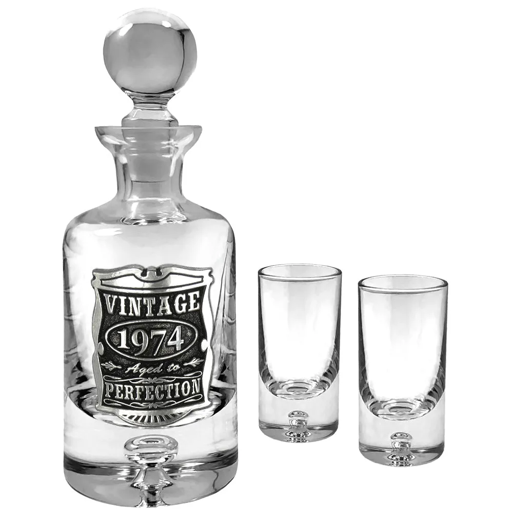 50th Birthday or Anniversary Gift 1974 Vintage Years Pewter & Crystal Mini Decanter Set With Shot Glasses