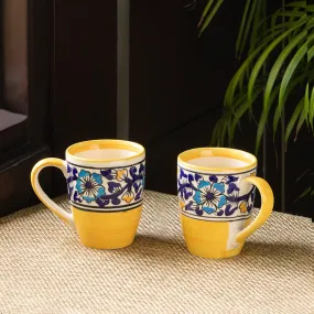 'Badamwari Bagheecha' Handpainted Ceramic Tea & Coffee Mugs (Set of 2, 240 ML, Microwave Safe)