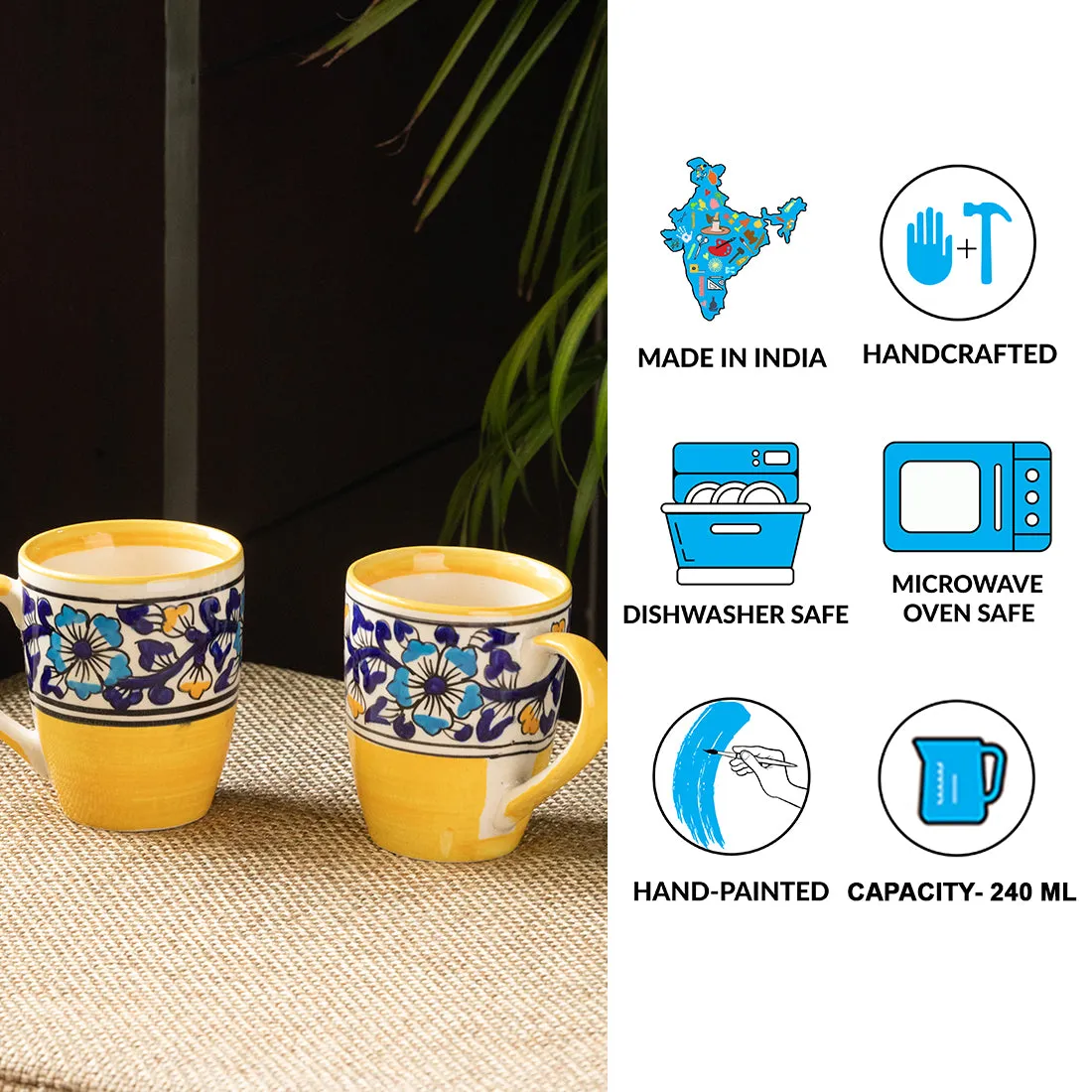 'Badamwari Bagheecha' Handpainted Ceramic Tea & Coffee Mugs (Set of 2, 240 ML, Microwave Safe)