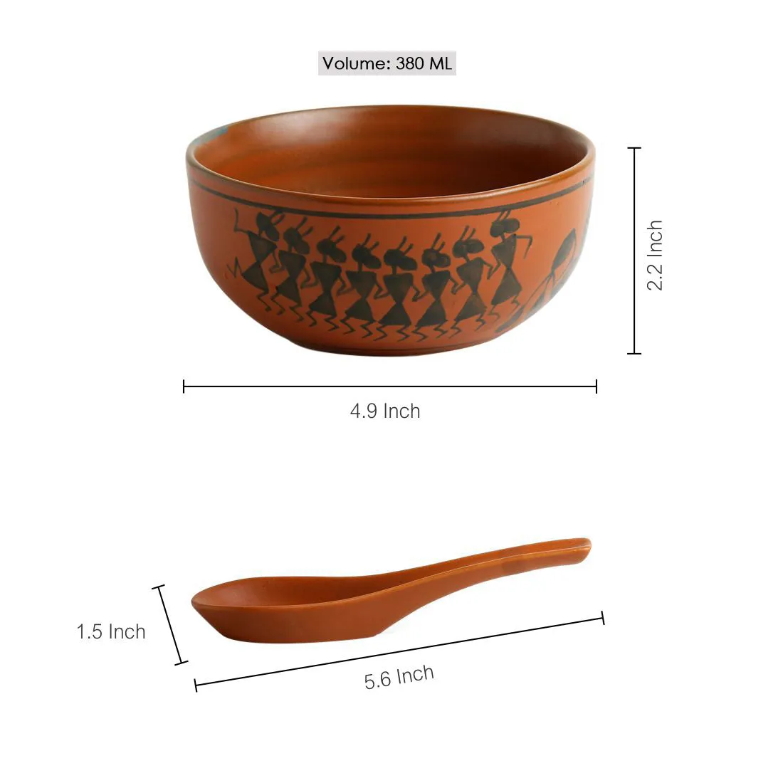 'Bowl Dancing' Warli Handpainted Soup Dishes With Spoons In Ceramic (Set Of 2)