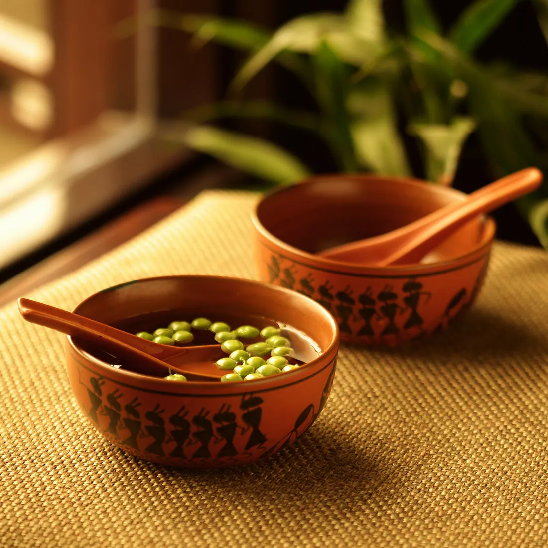 'Bowl Dancing' Warli Handpainted Soup Dishes With Spoons In Ceramic (Set Of 2)