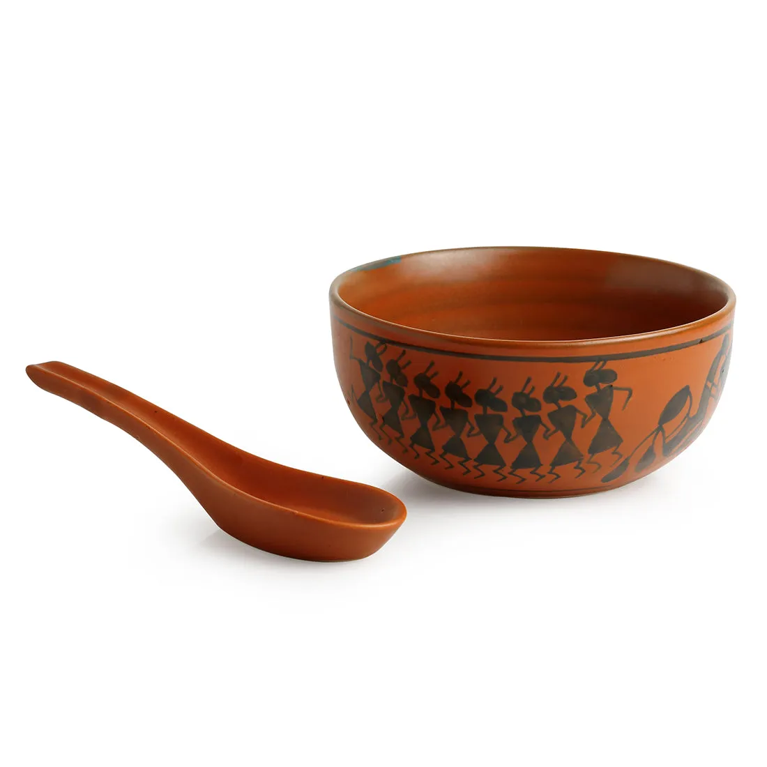 'Bowl Dancing' Warli Handpainted Soup Dishes With Spoons In Ceramic (Set Of 2)