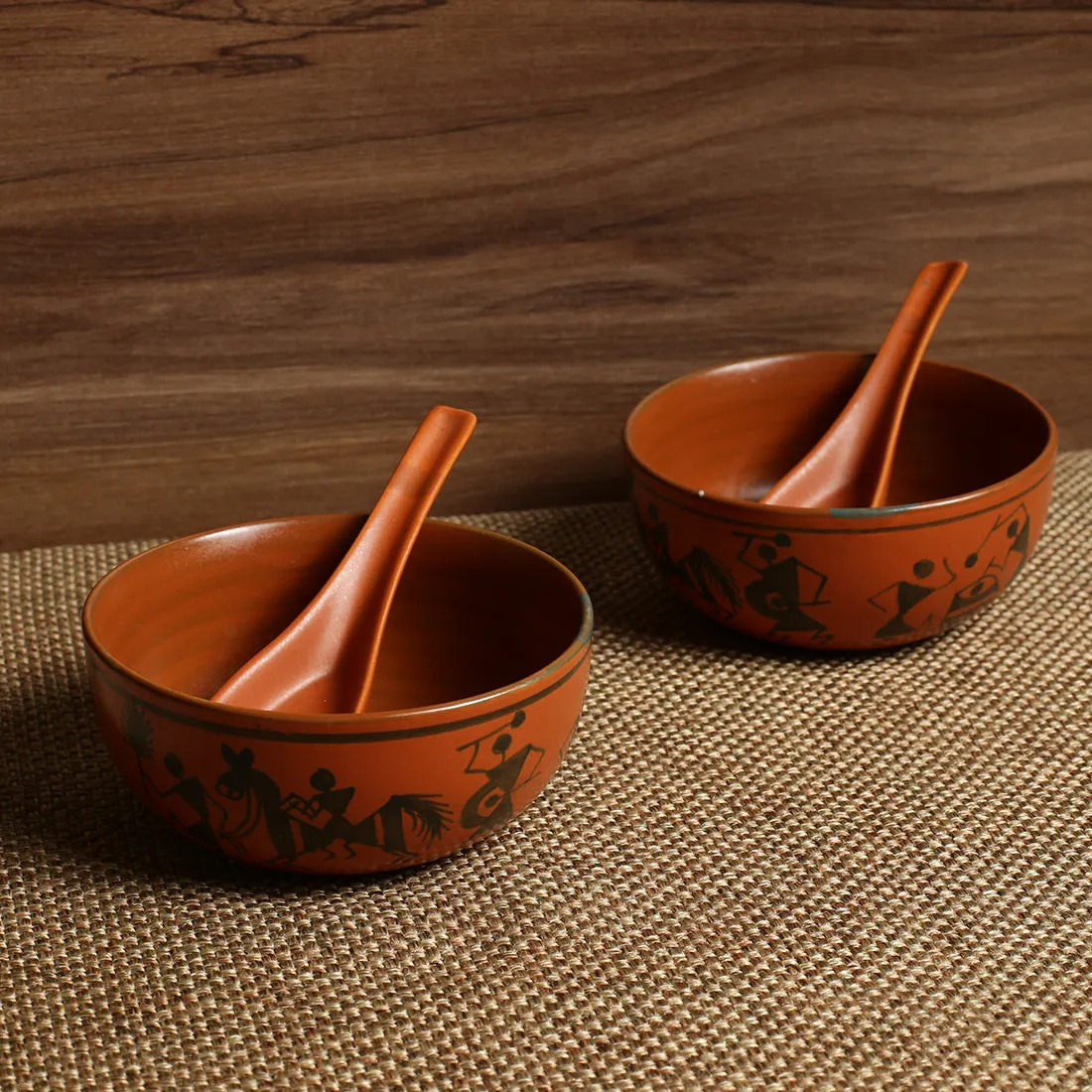 'Bowl Dancing' Warli Handpainted Soup Dishes With Spoons In Ceramic (Set Of 2)