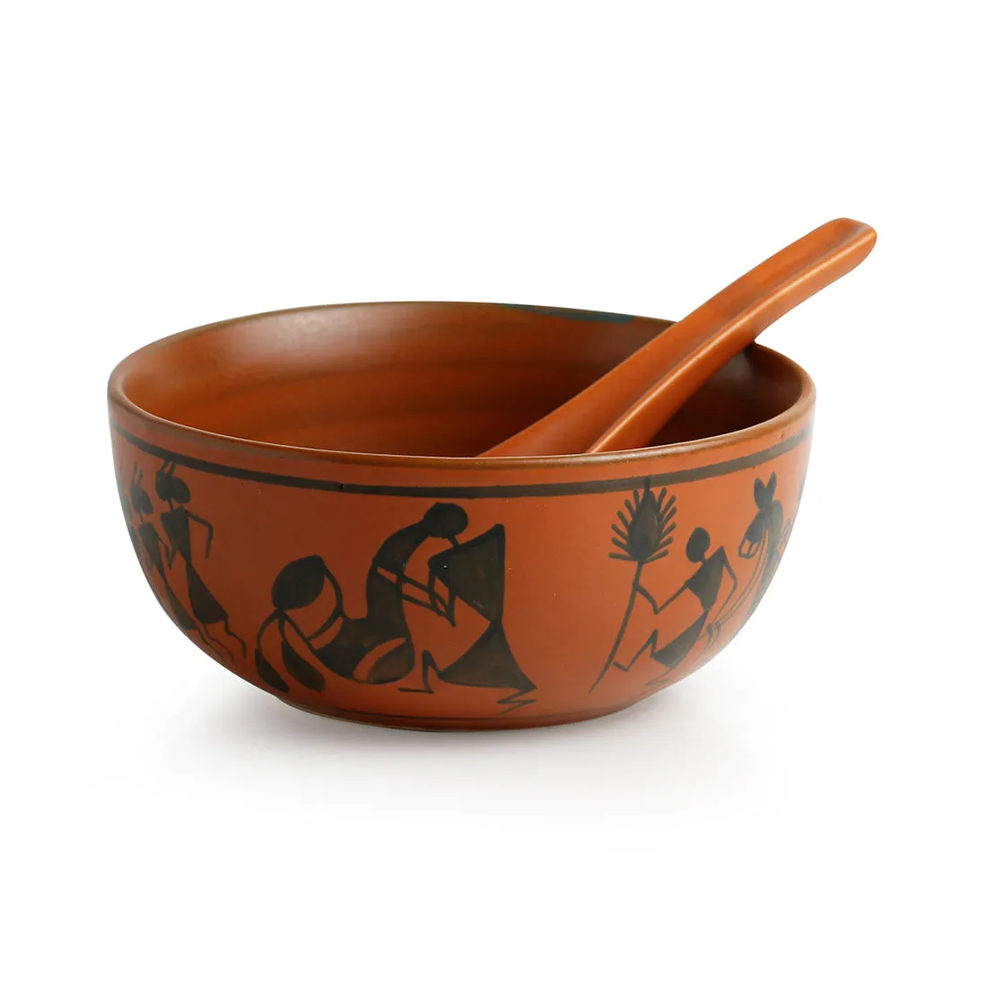 'Bowl Dancing' Warli Handpainted Soup Dishes With Spoons In Ceramic (Set Of 2)