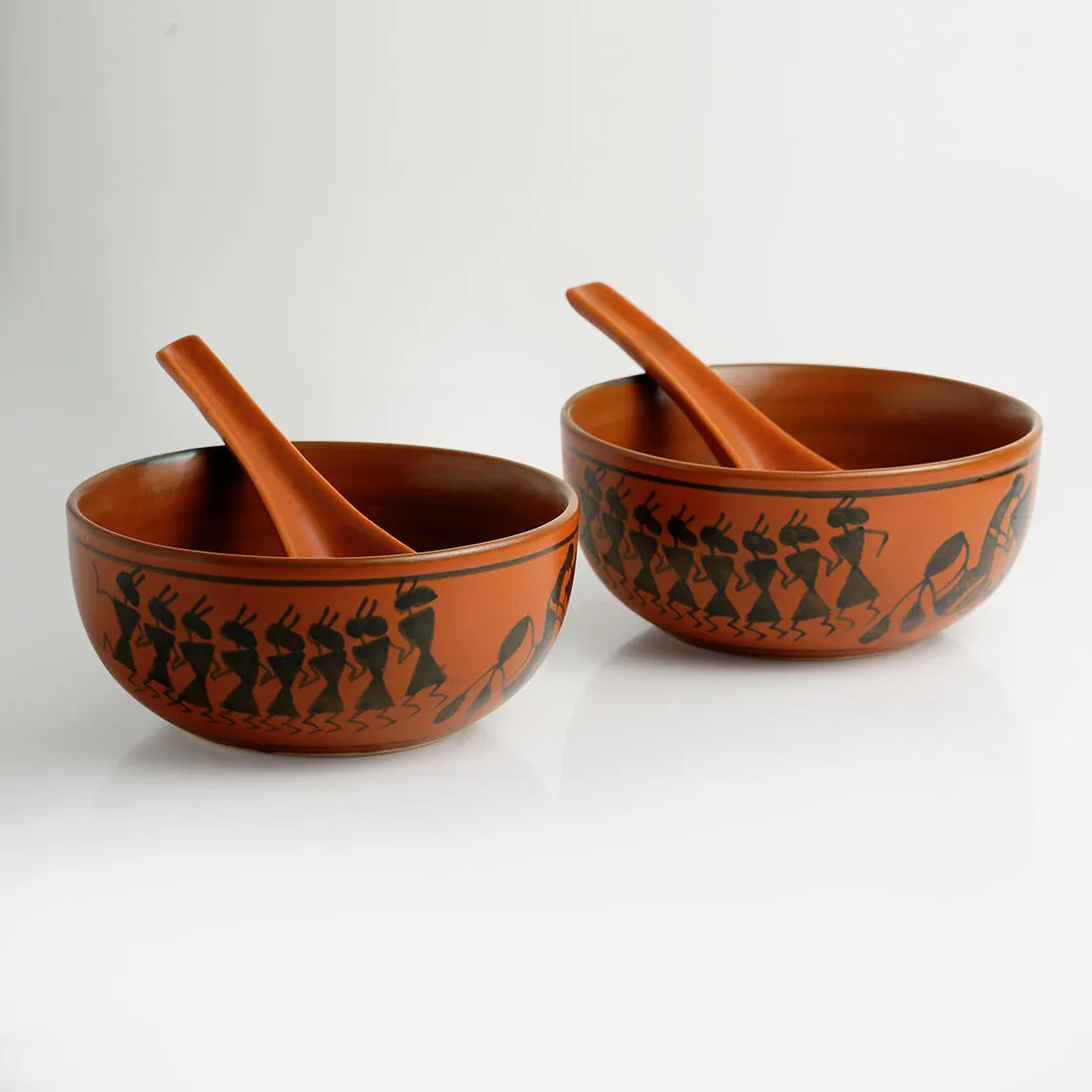 'Bowl Dancing' Warli Handpainted Soup Dishes With Spoons In Ceramic (Set Of 2)