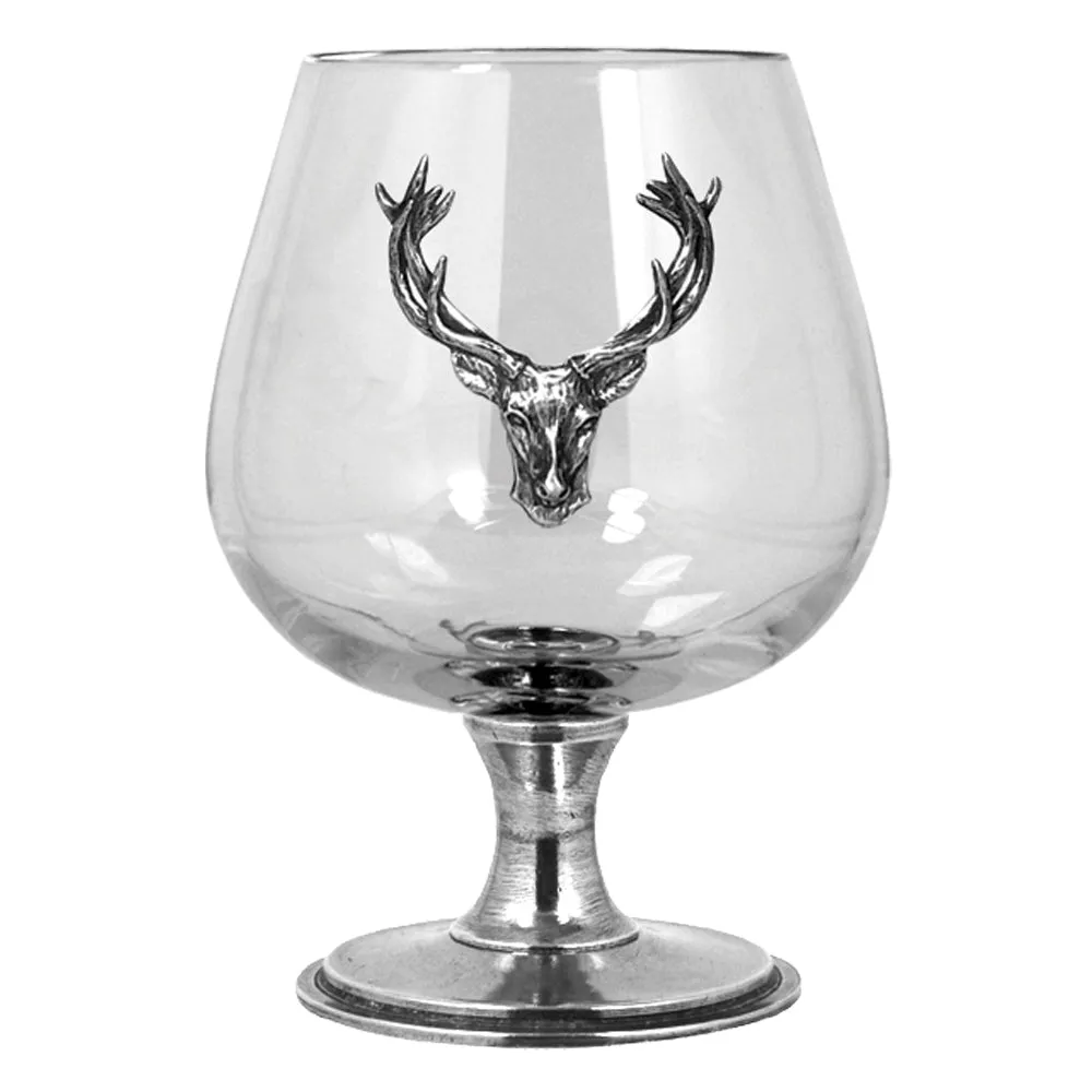 Double Brandy Cognac Snifter Glass Set With Pewter Stag