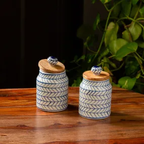 'Indigo Chevron' Handpainted Ceramic Multi-utility Storage Jars & Containers (Airtight, Set of 2, 470 ML, Microwave Safe)